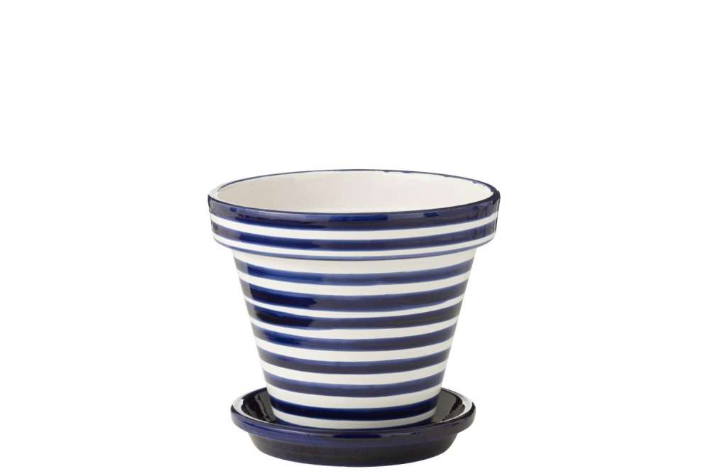 FLOWERPOT+PLATE GRANADA STRIPES HANDMADE/HANDPAINTED CERAMIC COBALTO BLUE/WHITE LARGE
