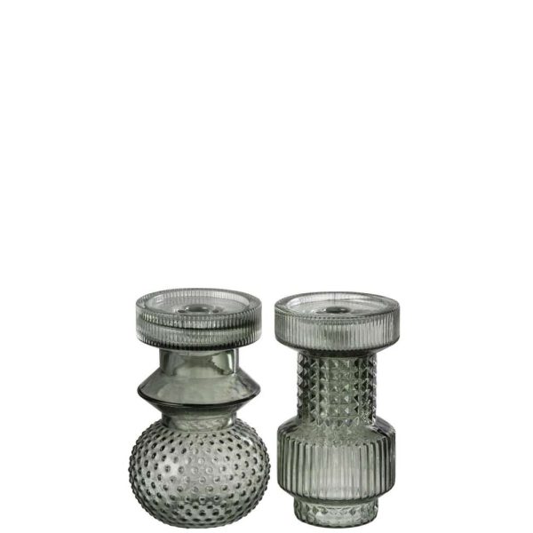 CANDLE HOLDER GEOMETRIC GLASS GREEN ASSORTMENT OF 2