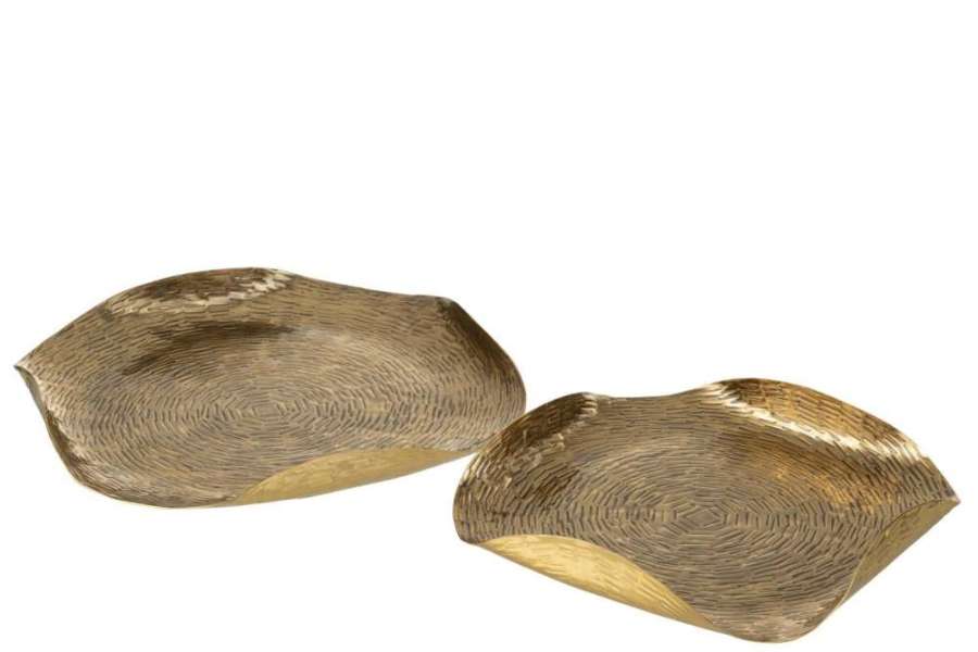 SET OF 2 TRAY ROUND BORDERS FOLDED METAL GOLD