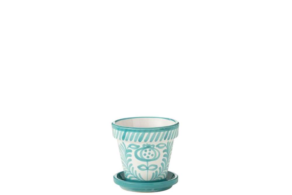 FLOWERPOT+PLATE GRANADA HANDMADE/HANDPAINTED CERAMIC AQUA/WHITE SMALL