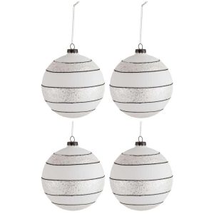 BOX OF 4 CHRISTMAS BALL STRIPES/GLITTER GLASS BLACK/WHITE LARGE