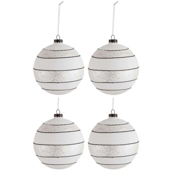 BOX OF 4 CHRISTMAS BALL STRIPES/GLITTER GLASS BLACK/WHITE LARGE