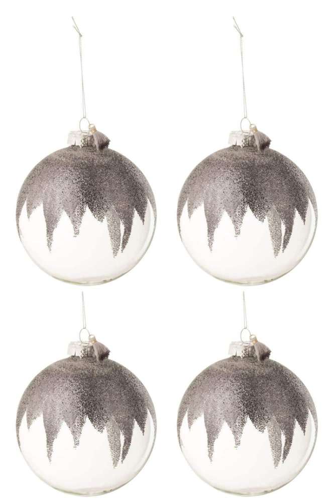 BOX OF 4 CHRISTMAS BAUBLES GLITTER MINI TASSEL GREY GLASS TRANSPARENT LARGE