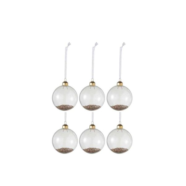 BOX OF 6 CHRISTMAS BAUBLES DECO GLASS CLEAR/GOLD SMALL