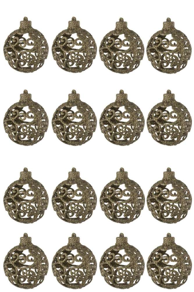 BOX OF 16 CHRISTMAS BAUBLE BAROQUE PATTERN PLASTIC BROWN