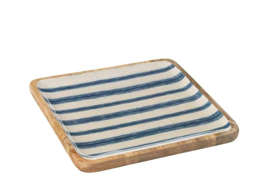 PLATTER SQUARE STRIPES MANGO WOOD BLUE/WHITE