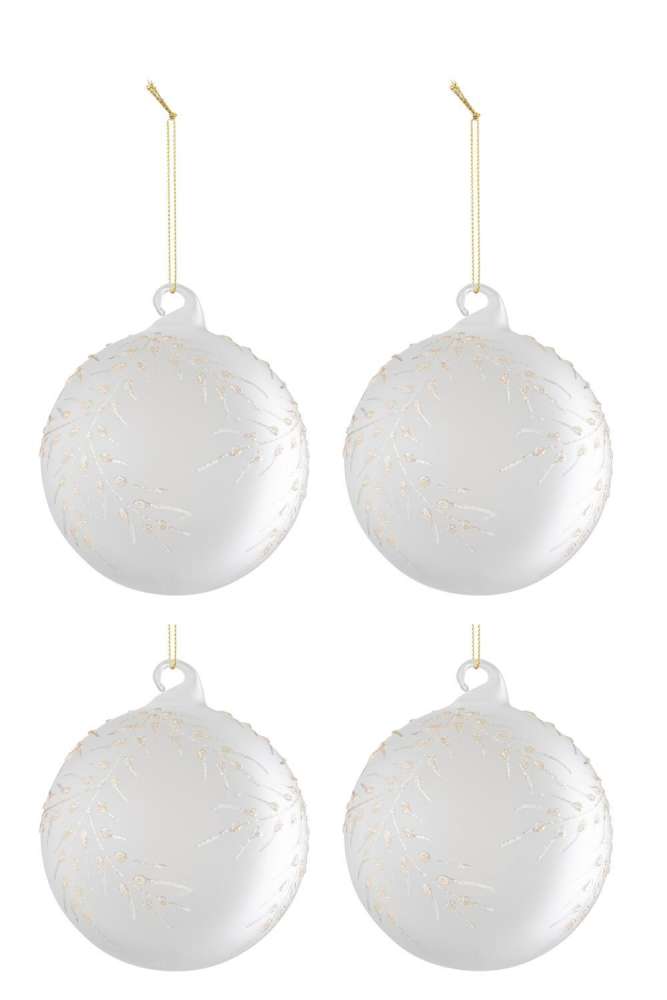 BOX OF 4 CHRISTMAS BAUBLE LEAVES GLASS FROSTED WHITE/GOLD