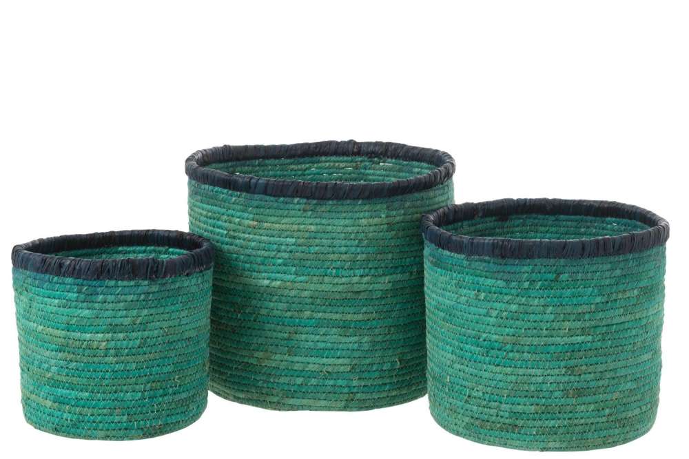 SET OF 3 BASKET CORN HUSK AZURE/DARK BLUE
