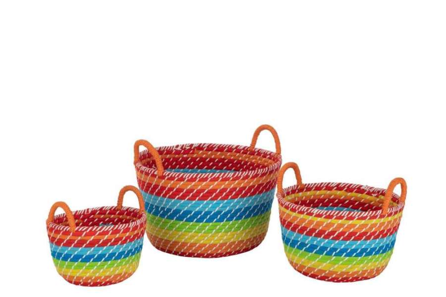 SET OF 3 BASKET RAINBOW STRIPES+HANDLES SEAGRASS MIX