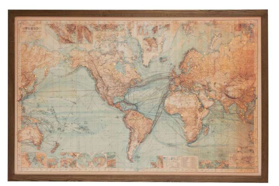 FRAME LED BATTERIES MAP WORLD WOOD/CANVAS BROWN/NATURAL