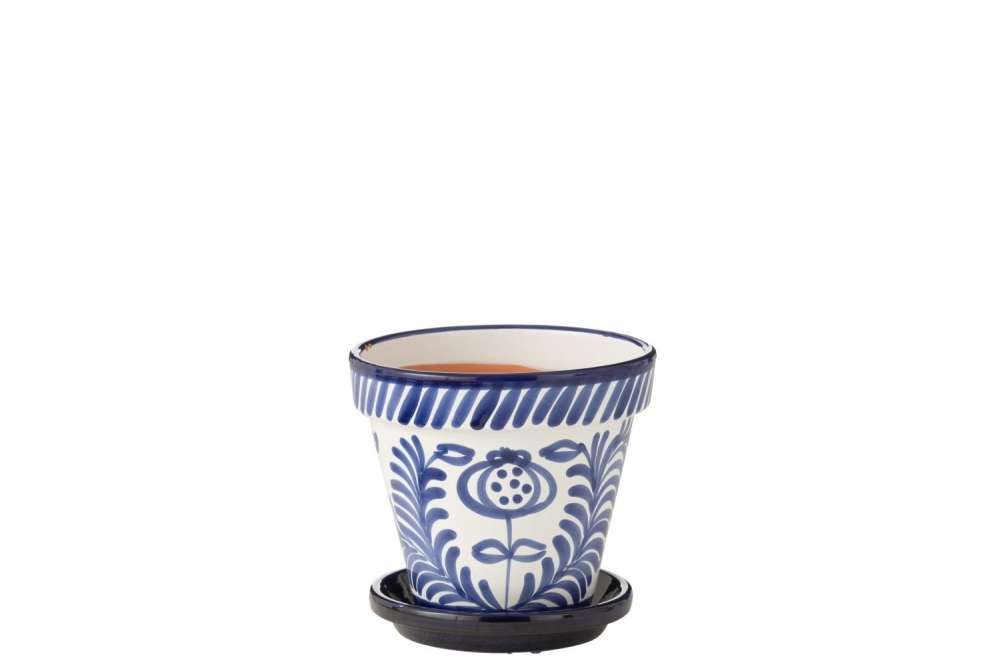 FLOWERPOT+PLATE GRANADA HANDMADE/HANDPAINTED CERAMIC COBALTO BLUE/WHITE MEDIUM