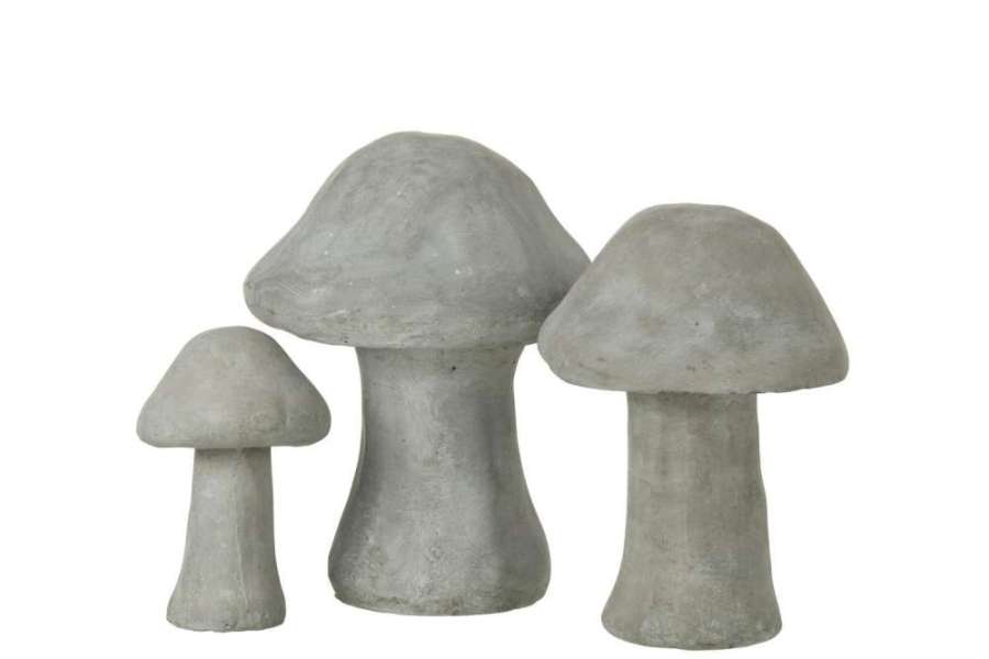 SET OF 3 FIGURINE MUSHROOM CEMENT GREY