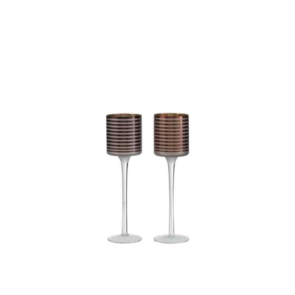 TEALIGHT HOLDER ON FOOT STRIPES GLASS BR SMALL ASSORTMENT OF 2