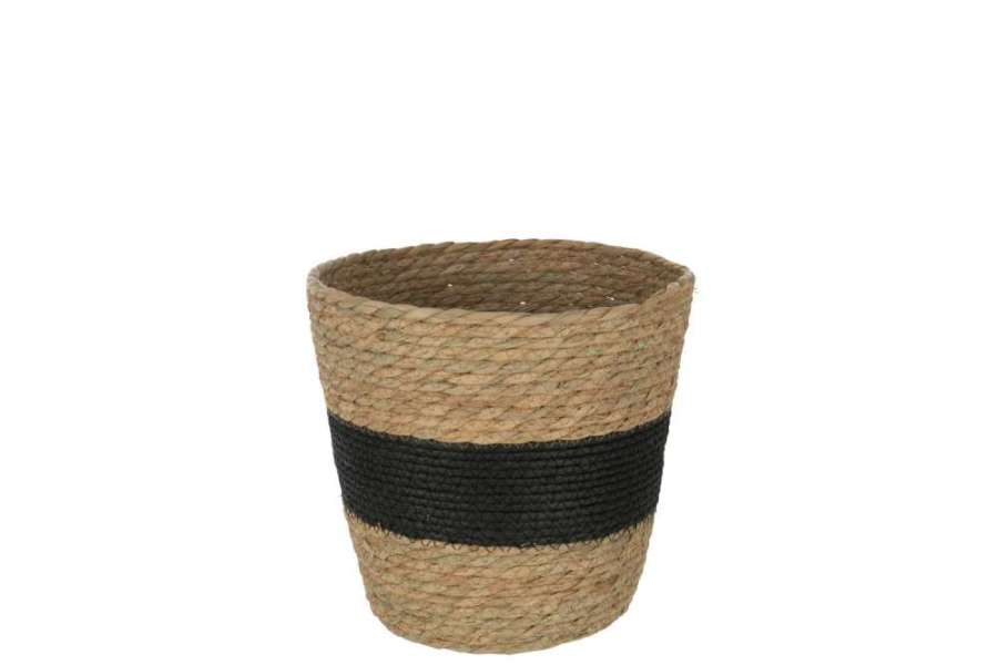 BASKET ROUND WITH STRIPE+ HANDLE REED NATURAL/BLACK