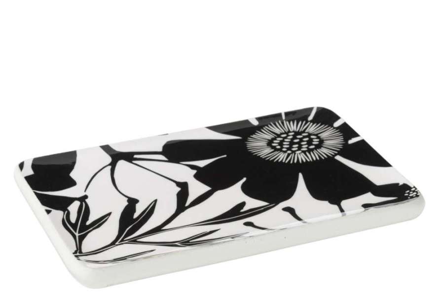 PLATTER RECTANGLE FLORAL PATTERN MANGO WOOD BLACK/WHITE