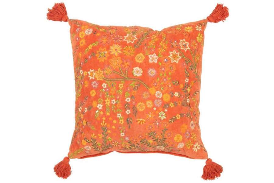 CUSHION SQUARE FLOWERS+TASSELS VELVET ORANGE