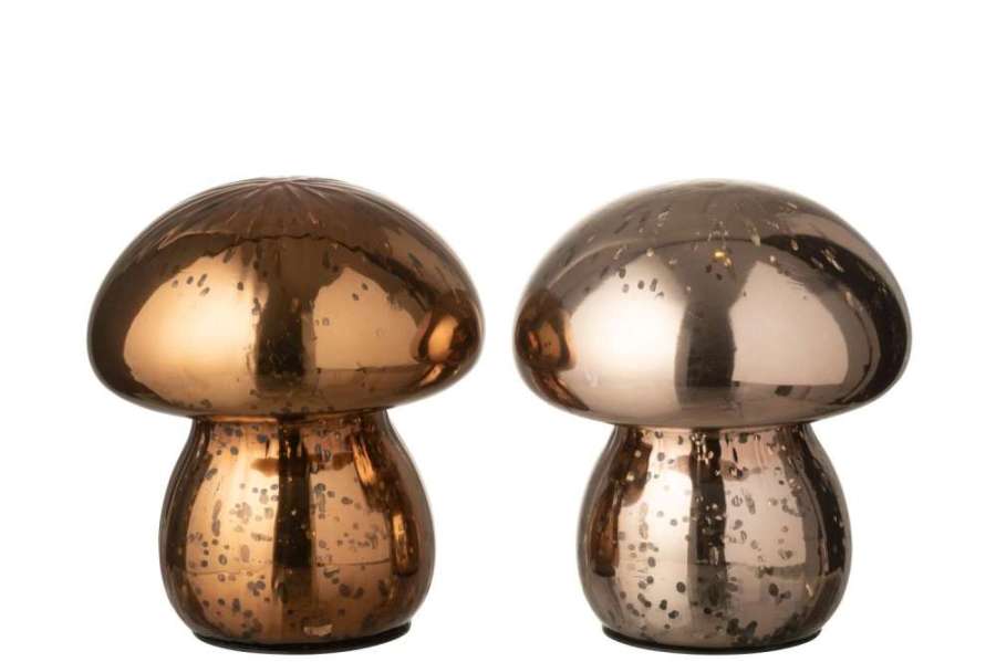 MUSHROOM LED ANTIQUE GLASS BROWN/DARK BROWN ASSORTMENT OF 2