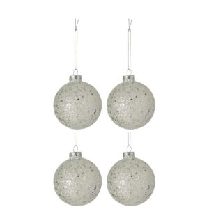 BOX OF 4 CHRISTMAS BAUBLES STARS GLASS SILVER MEDIUM