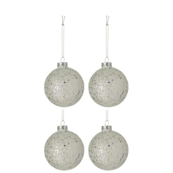 BOX OF 4 CHRISTMAS BAUBLES STARS GLASS SILVER MEDIUM