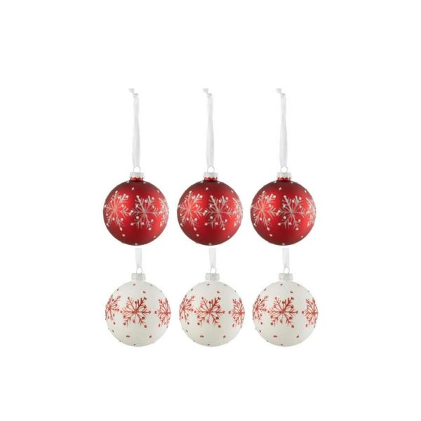 BOX OF 6 CHRISTMAS BAUBLES SNOWFLAKES GLITTER GLASS WHITE/RED SMALL
