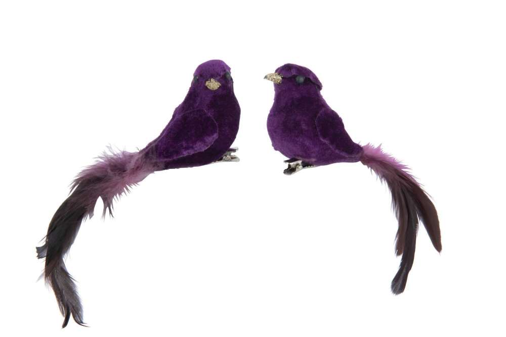 BIRD+CLIP POLYFOAM/FEATHERS PURPLE ASSORTMENT OF 2