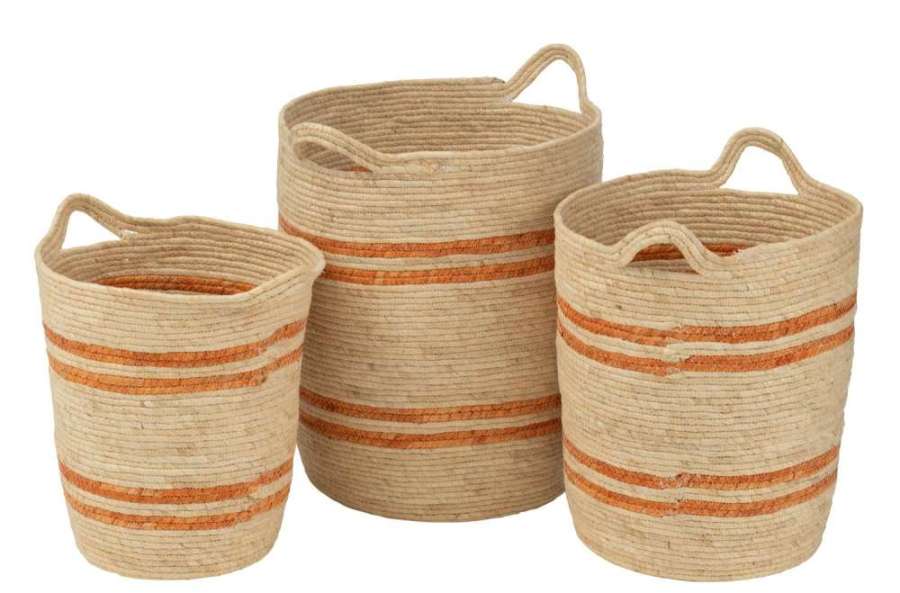 SET OF 3 BASKET STRIPES+HANDLE CORN HUSK NATURAL/ORANGE