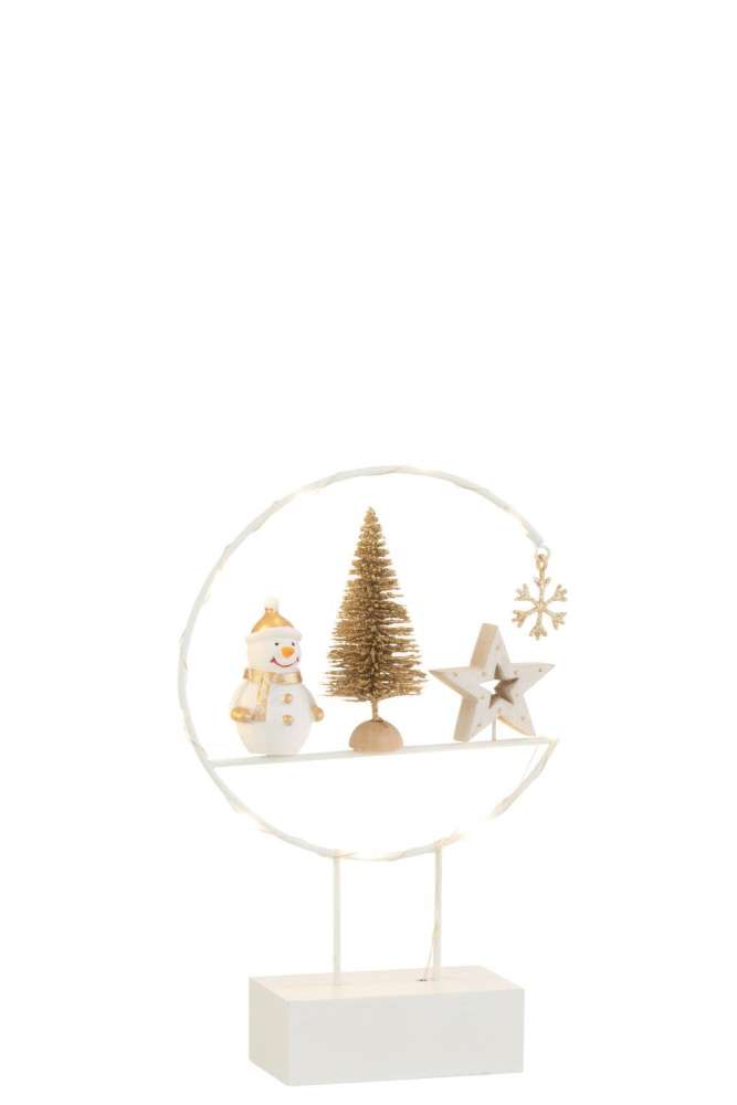 SEMICIRCLE ON FOOT+LED SNOWMAN WOOD WHITE/GOLD