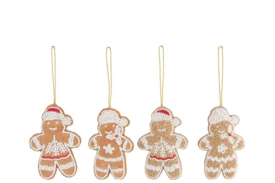 HANGER GINGER MAN VELVET/BEADS CARAMEL/WHITE ASSORTMENT OF 4