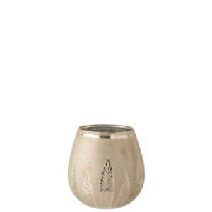 TEALIGHT HOLDER LEAF ROUND GLASS SILVER MEDIUM