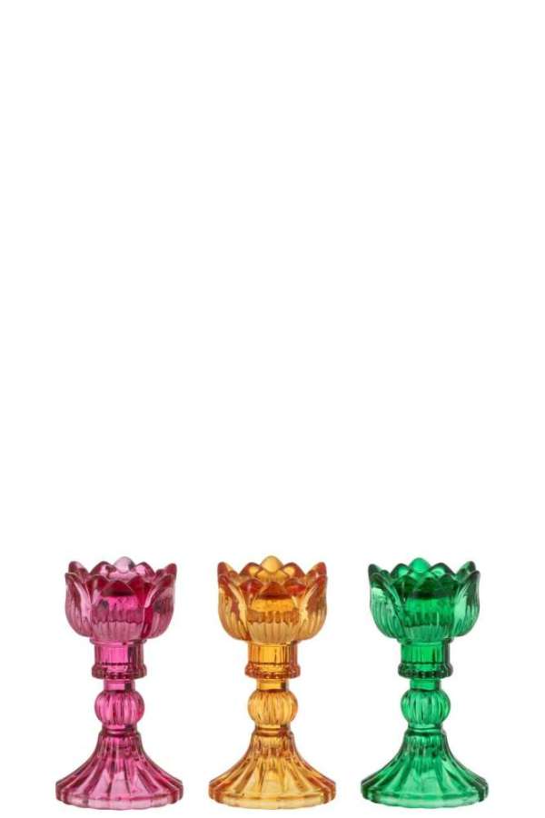 CANDLE HOLDER ROSE GLASS MIX ASSORTMENT OF 3