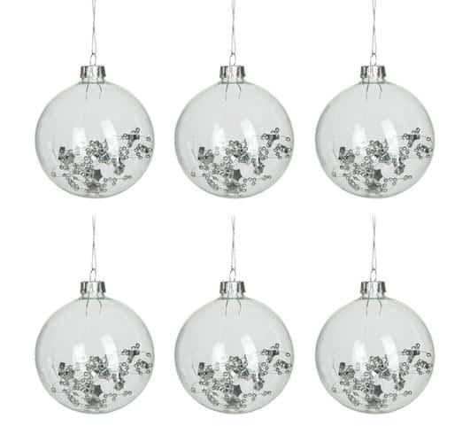 BOX OF 6 BAUBLES ROUND DECO INTERIOR TRANSPARENT