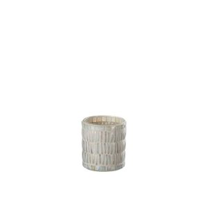 CANDLE HOLDER MOSAIC ROUND GLASS/CEMENT NACRE/GREY MEDIUM