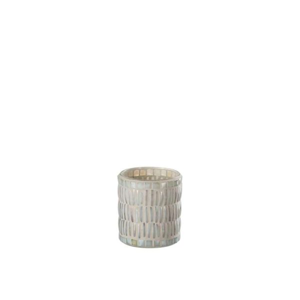 CANDLE HOLDER MOSAIC ROUND GLASS/CEMENT NACRE/GREY MEDIUM