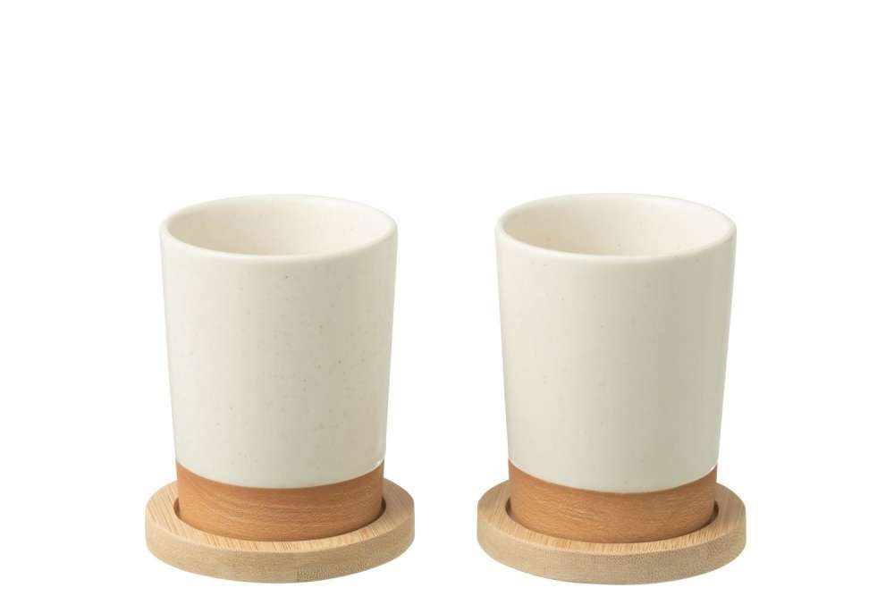 BOX OF 2  CUPS+BAMBOO BAS CERAMICS WHITE/NATURAL