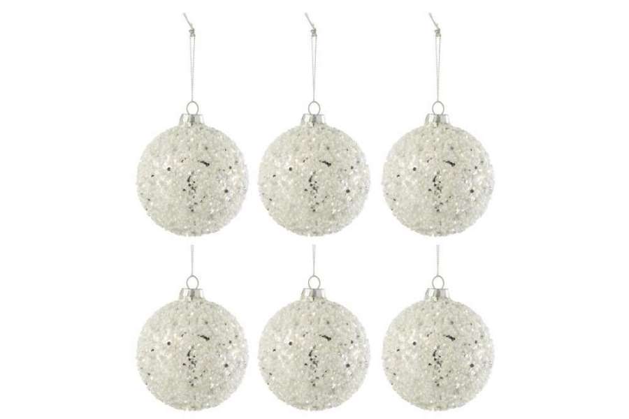 BOX OF 6 CHRISTMAS BAUBLES PEARLS+GLITTER GLASS SILVER/WHITE SMALL