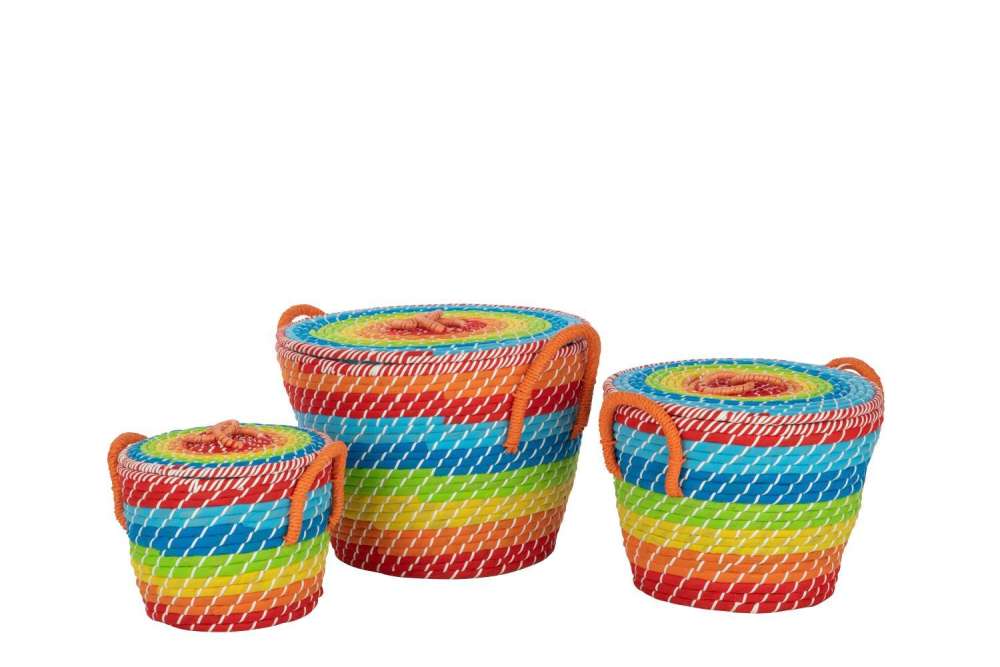 SET OF 3 BASKET RAINBOW STRIPES+HANDLES+LID MIX