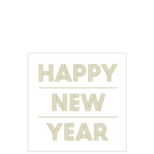 STACK 20 NAPKINS HAPPY NEWYEAR PAPER WHITE/GOLD LARGE