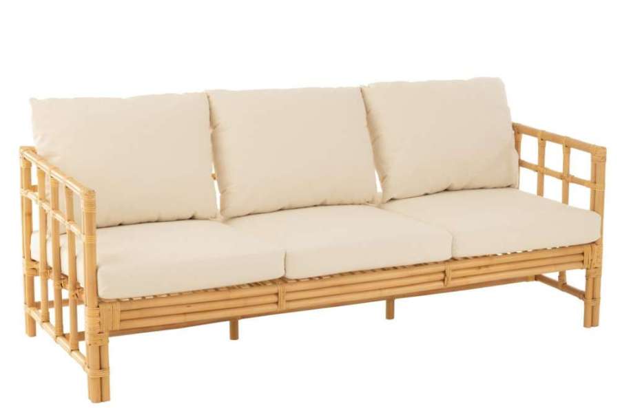 SOFA ELISE+CUSHION 3 PERSON RATTAN/TEXTILE NATURAL/WHITE