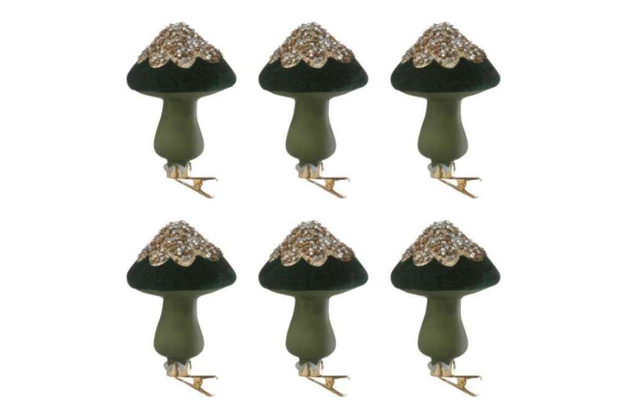 BOX OF 6 MUSHROOM + CLIP SEQUINS VELVET GREEN