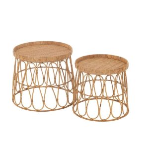 SET OF 2 TABLES ROUND RATTAN/PLYWOOD NATURAL