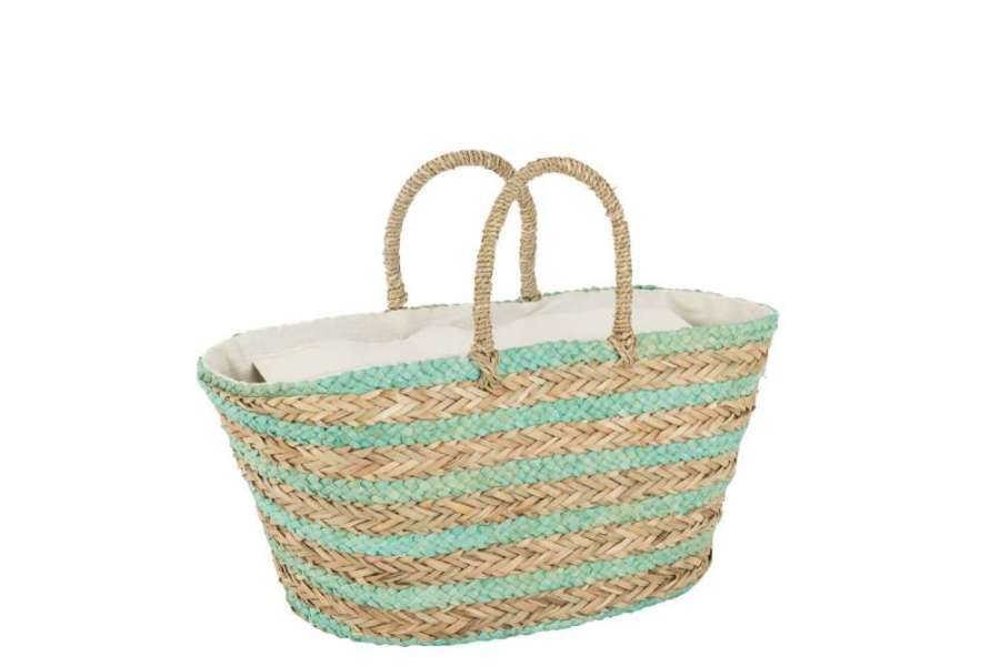BEACH BAG SHORT HANDLES HORIZONTAL STRIPES JUTE NATURAL/BLUE