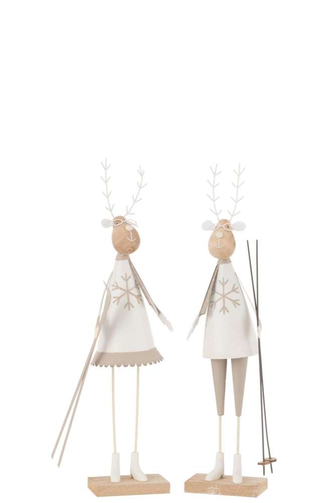 REINDEER DECO BOY/GIRL METAL/WOOD WHITE/BEIGE SMALL ASSORTMENT OF 2