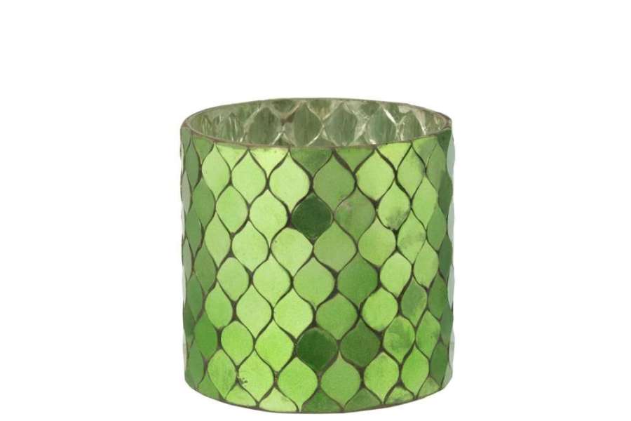 CANDLE HOLDER CYLINDER MOSAIC GLASS GREEN