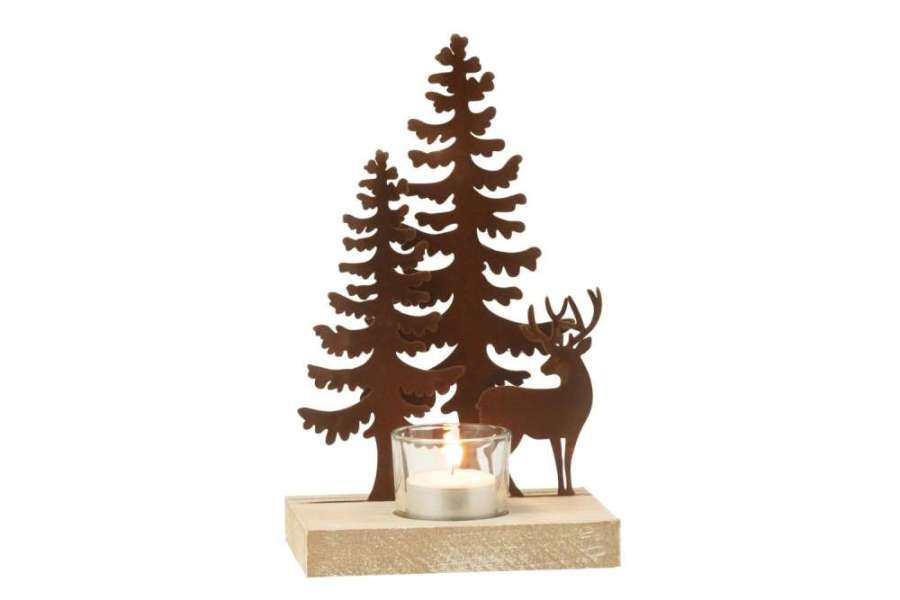 TEALIGHT HOLDER 1 PIECE REINDEERS/TREES METAL/WOOD BROWN