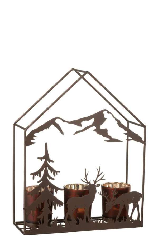 TEALIGHT HOLDER HOUSE 3 GLASSES IRON RUST BROWN/BROWN
