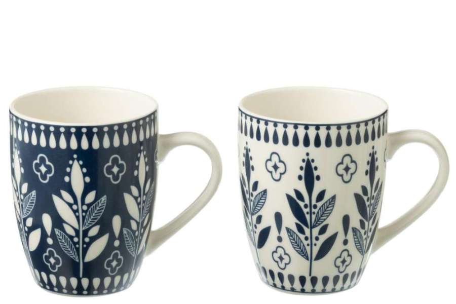 BOX OF 2 MUG LEAVES CERAMICS DARK BLUE