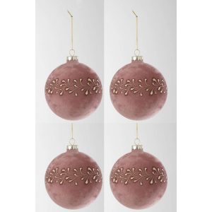 BOX OF 4 CHRISTMAS BAUBLE MOTIVE VELVET LIGHT PINK/GOLD