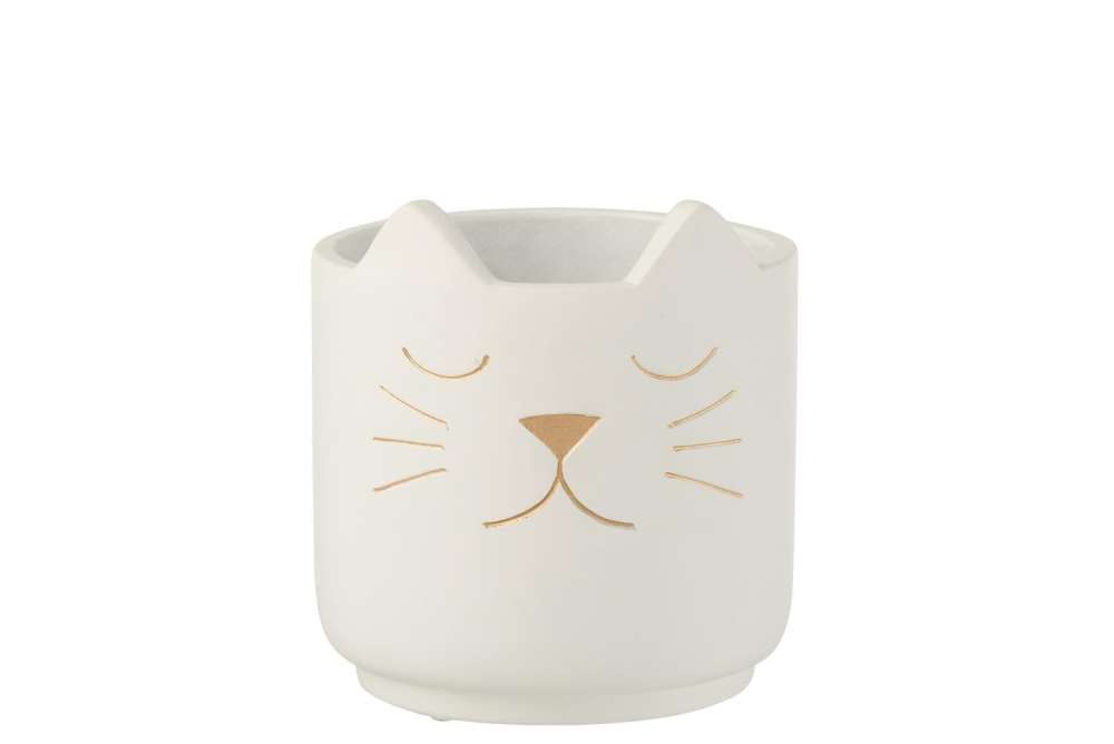 FLOWER POT CAT CEMENT WHITE GOLD MEDIUM