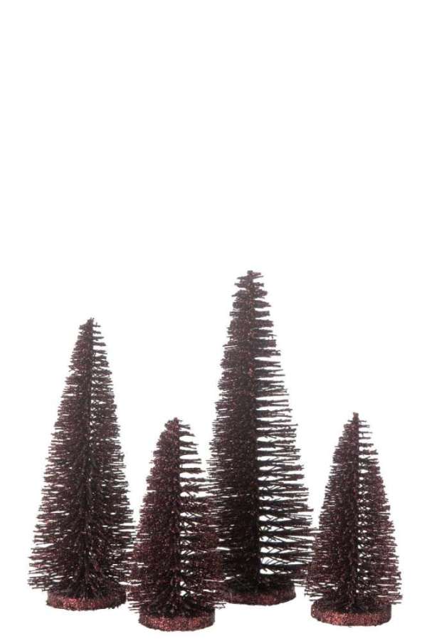 BOX OF 4 CHRISTMAS TREE DECO GLITTERS PLASTIC BURGUNDY