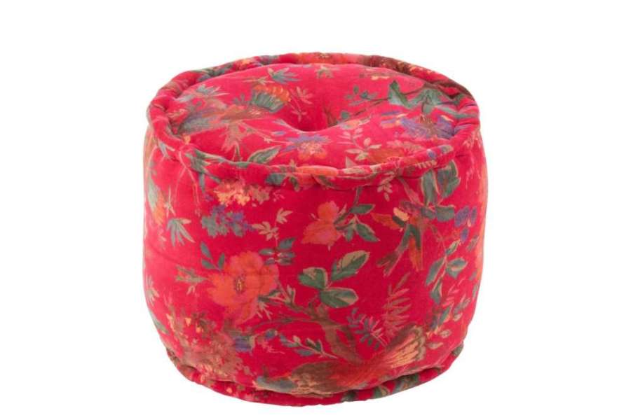 POUF ROUND BIRDS/FLOWERS COTTON VELVET PINK